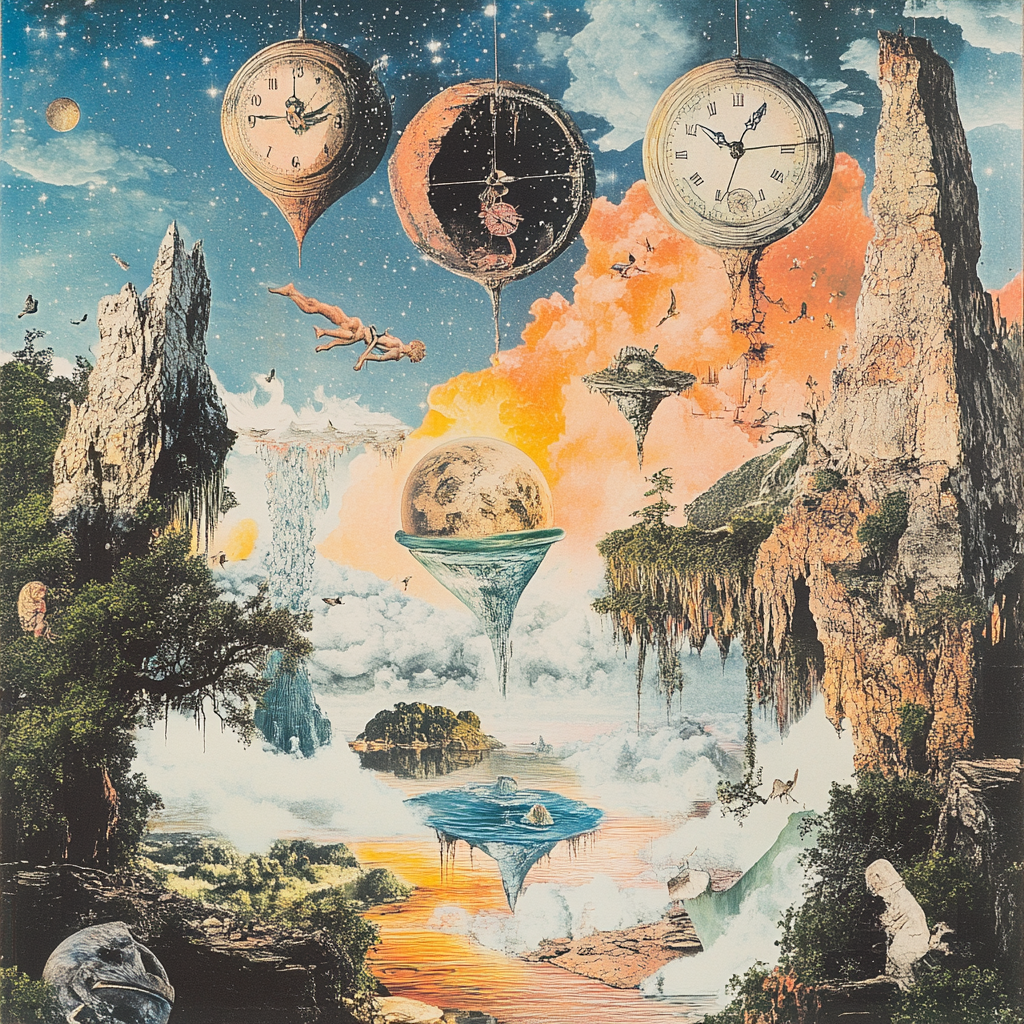 Surreal dream collage with melting clocks and floating islands.