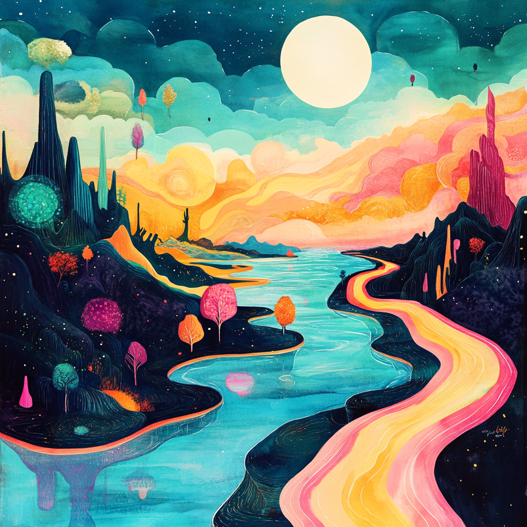 Surreal fantasy album cover design, infinite landscape, whimsical elements 