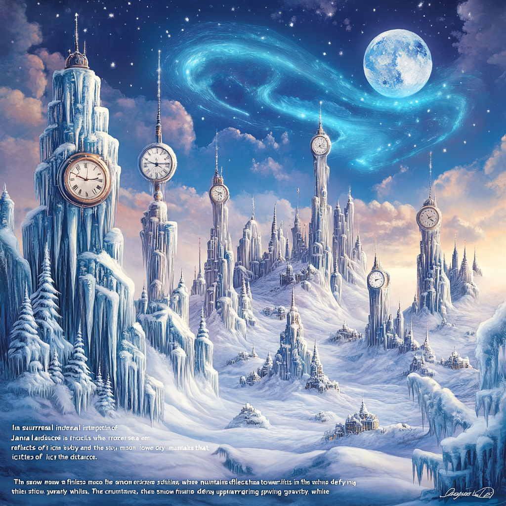 Surreal icy land with floating mountains and clocks.