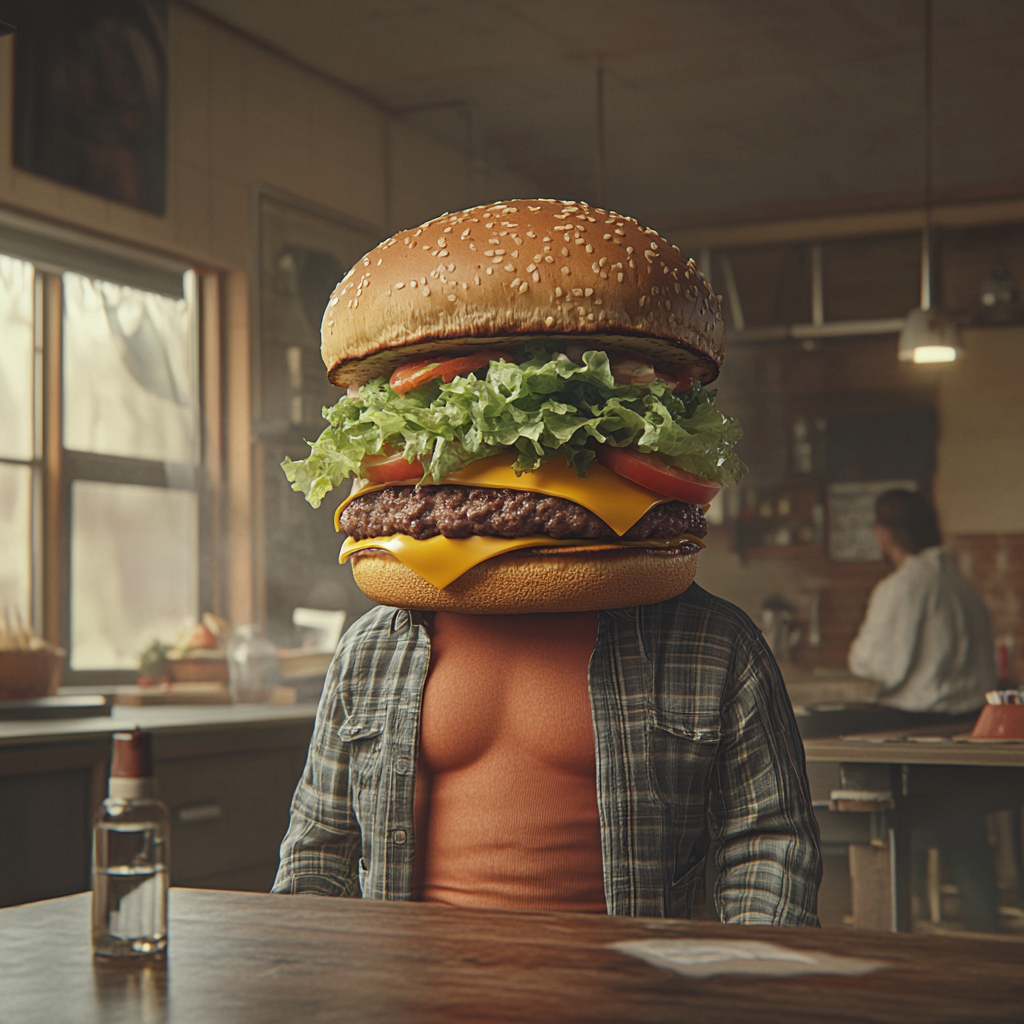 Surreal image of human with hamburger for head.