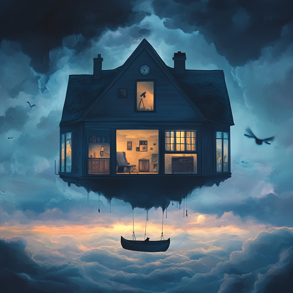 Surreal image: floating house, mist, silhouettes, atmospheric landscape.