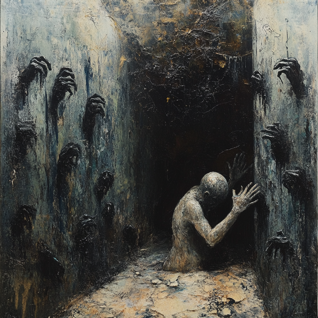 Surreal painting of figure trapped in oppressive space. 