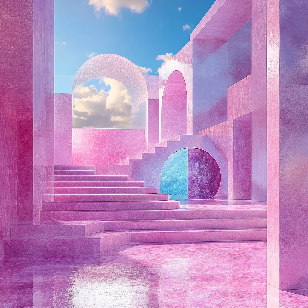 Surreal pastel landscape with geometric shapes and futuristic scene.