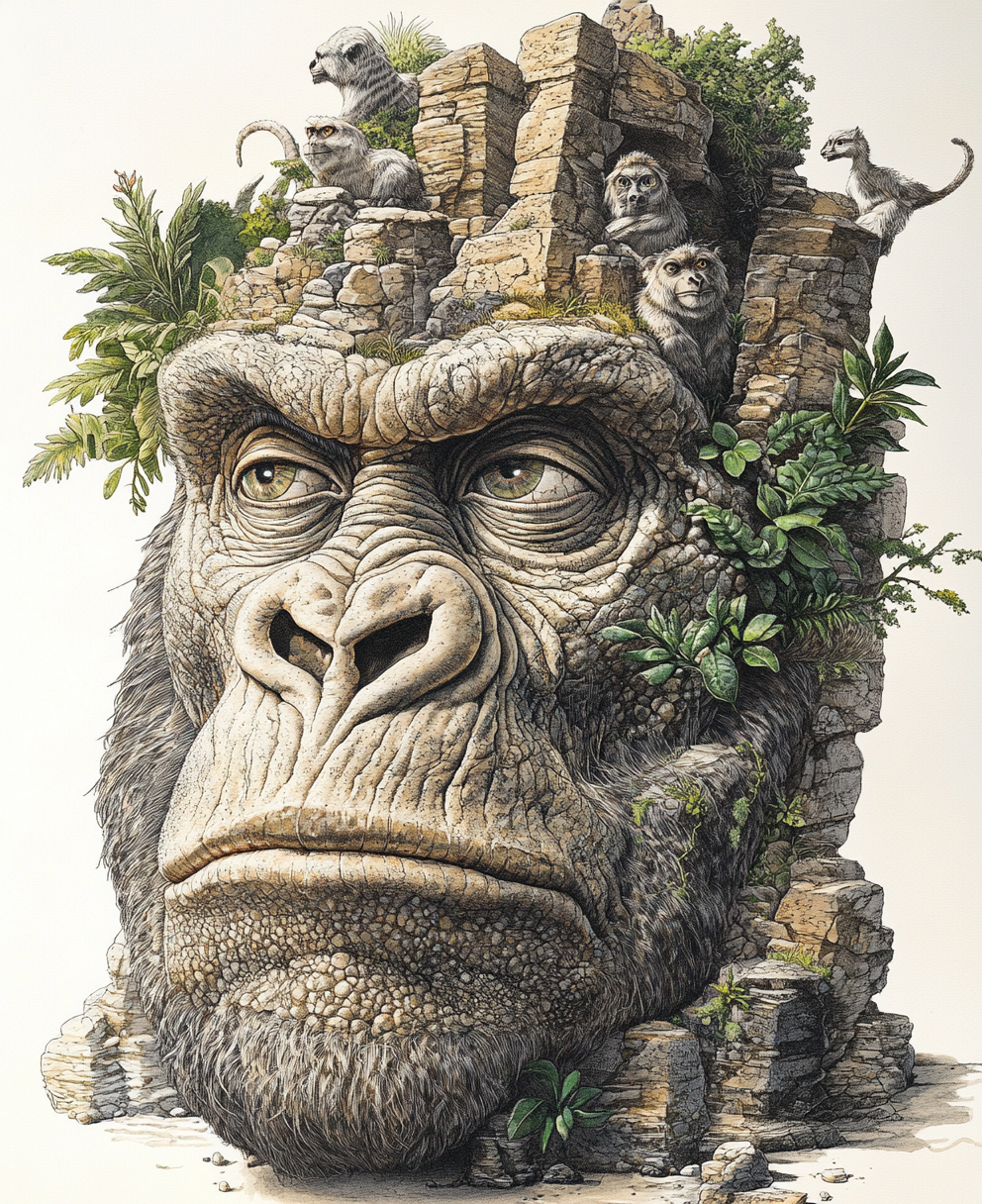 Surreal photorealism comic of ancient gorilla head sculpture.