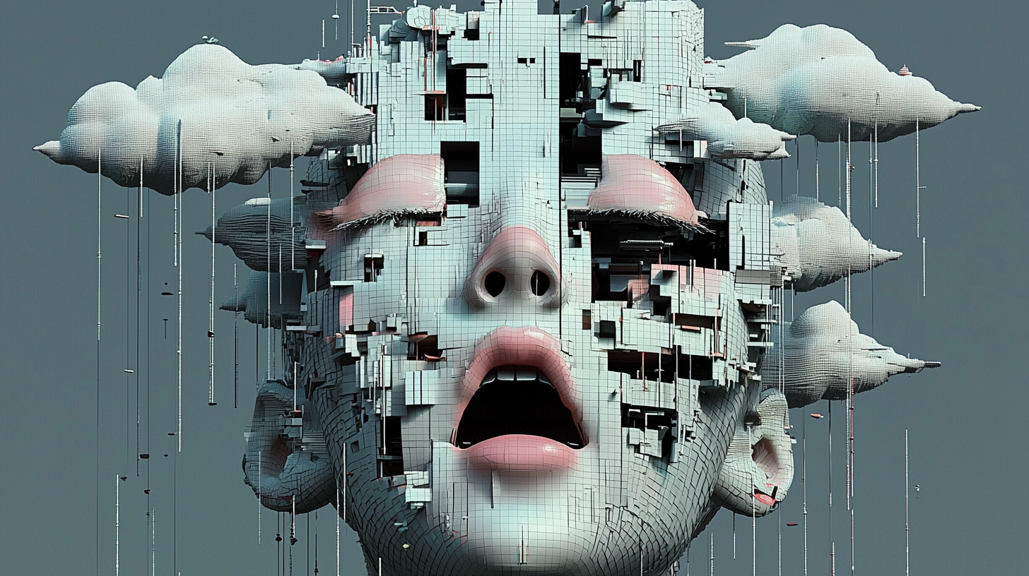 Surreal portrait of woman with cut head, clouds.