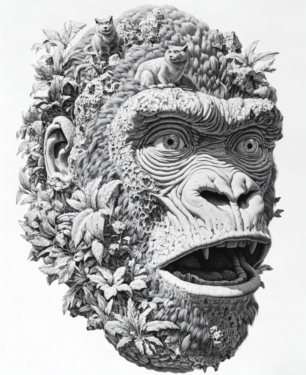 Surreal stone gorilla head sculpture with plants and wildcats.