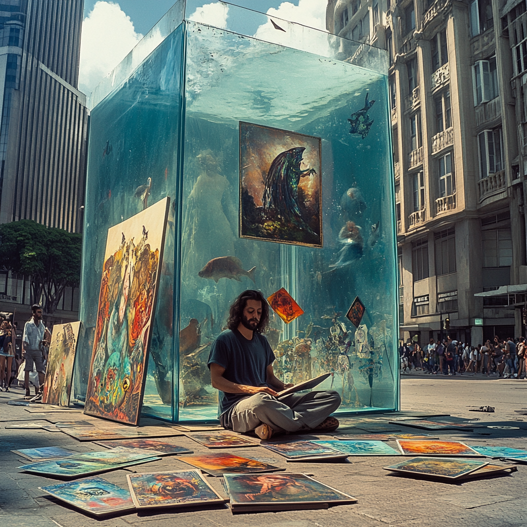 Surreal tarot reader flips art cards in São Paulo