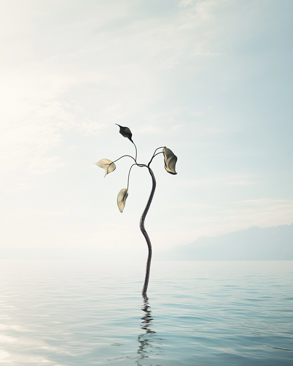 Surreal tree in vast lake, soft sunlight, Asian futurism.