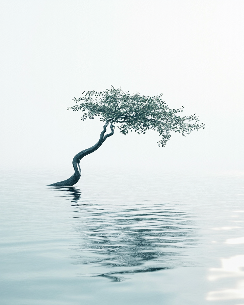 Surreal tree with wavy trunk in vast lake landscape