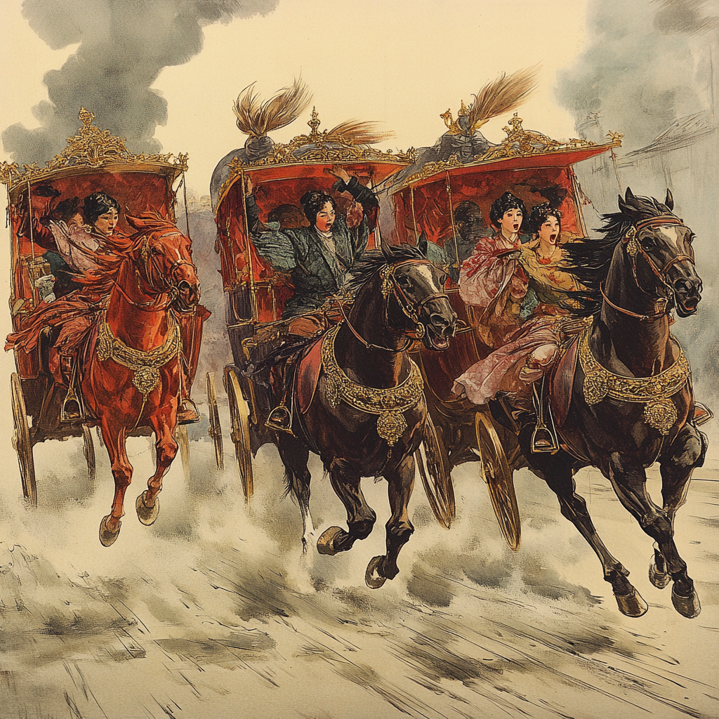 Surrealism Carriages Collision, Beautiful Girls Waving, Galloping Horses, Front View