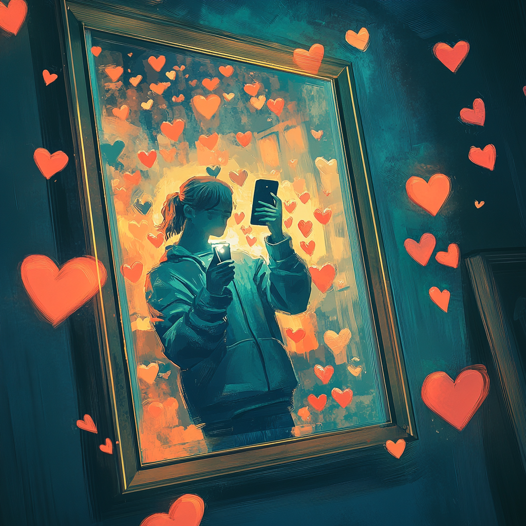 Surrealist mirror with people, smartphones, hearts, thumbs-up