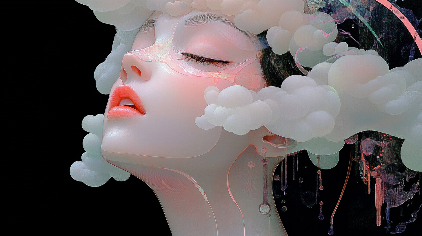 Surrealistic artwork of woman's head in half clouds.