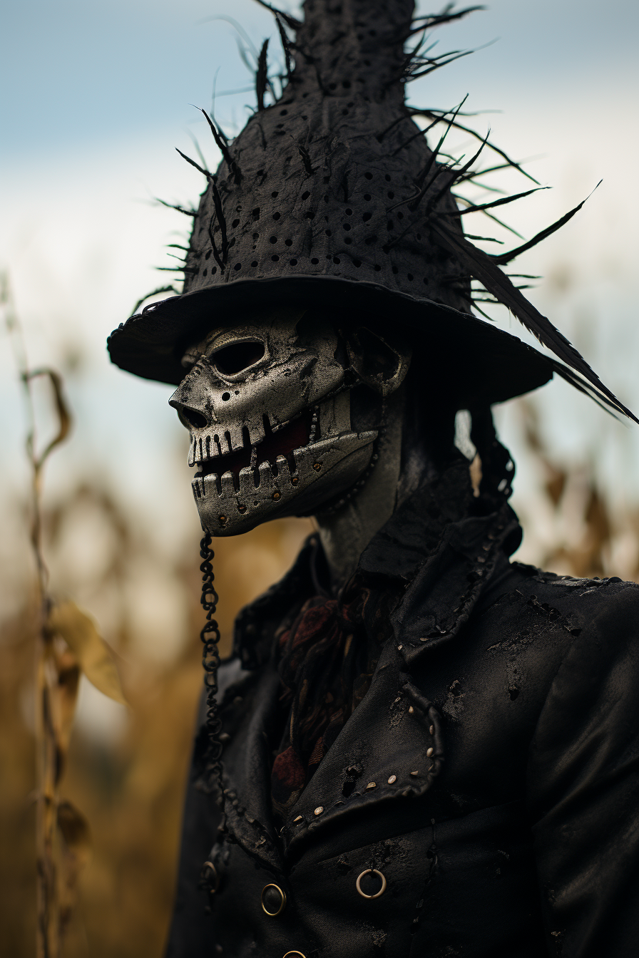 Surrealistic photo of scarecrow in corn field.