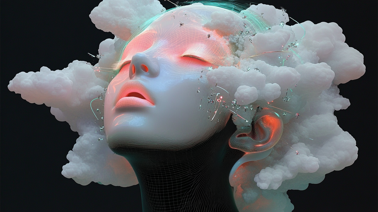 Surrealistic portrait of woman's head with cloud-like shapes.