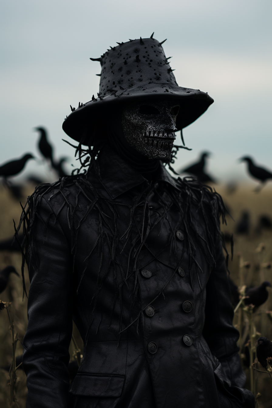 Surrealistic scarecrow in field with crows, evil gothic.