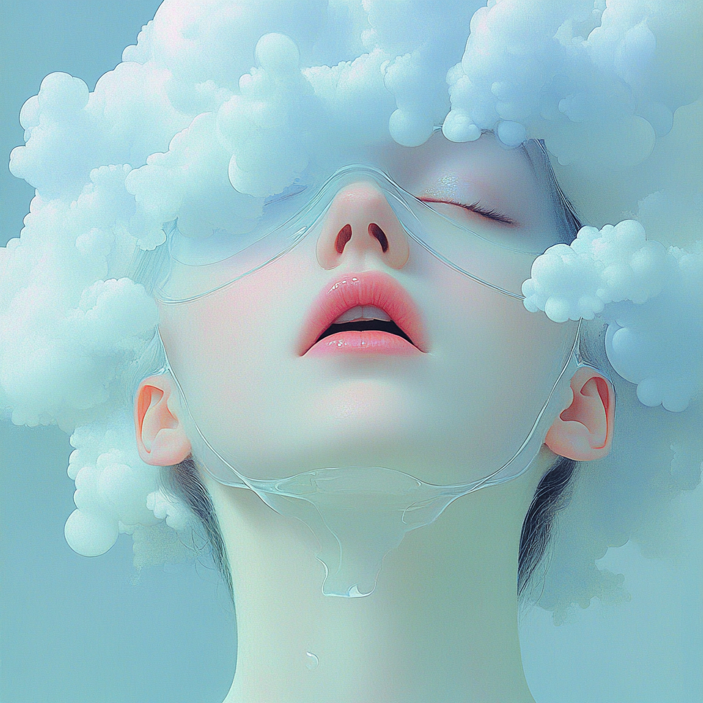 Surrealistic style, cut woman's head, white clouds, simple shapes