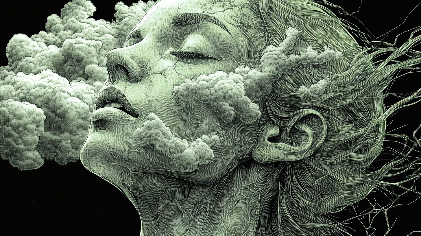 Surrealistic style, woman's head cut in half, clouds.