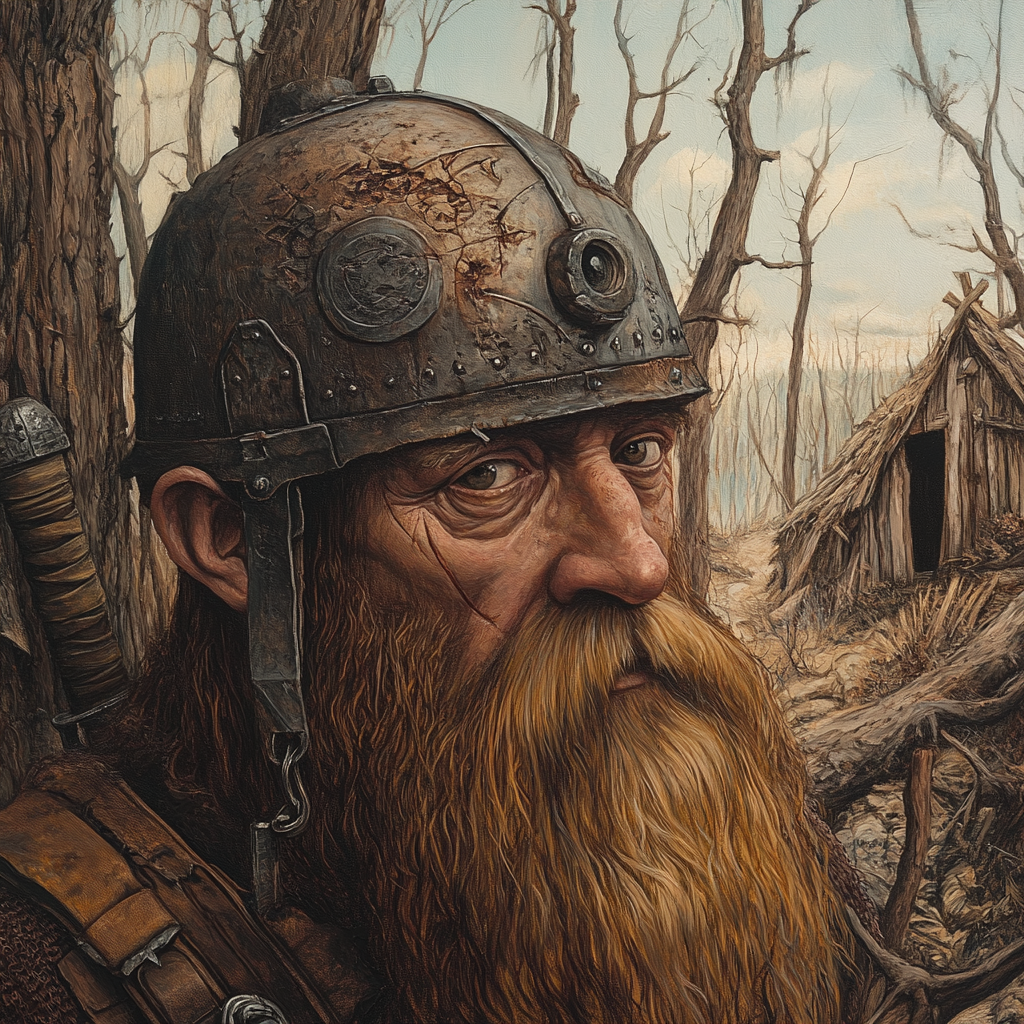 Survivalist dwarf in bronze helmet in dead forest portrait.