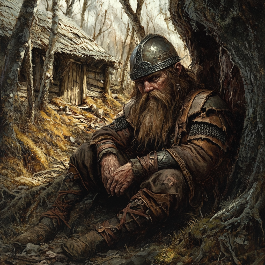 Survivalist dwarf in patched tunic, metal helmet, dry forest.