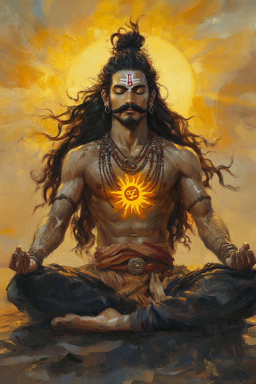 Surya Putra Karna meditating with sun symbol chest.