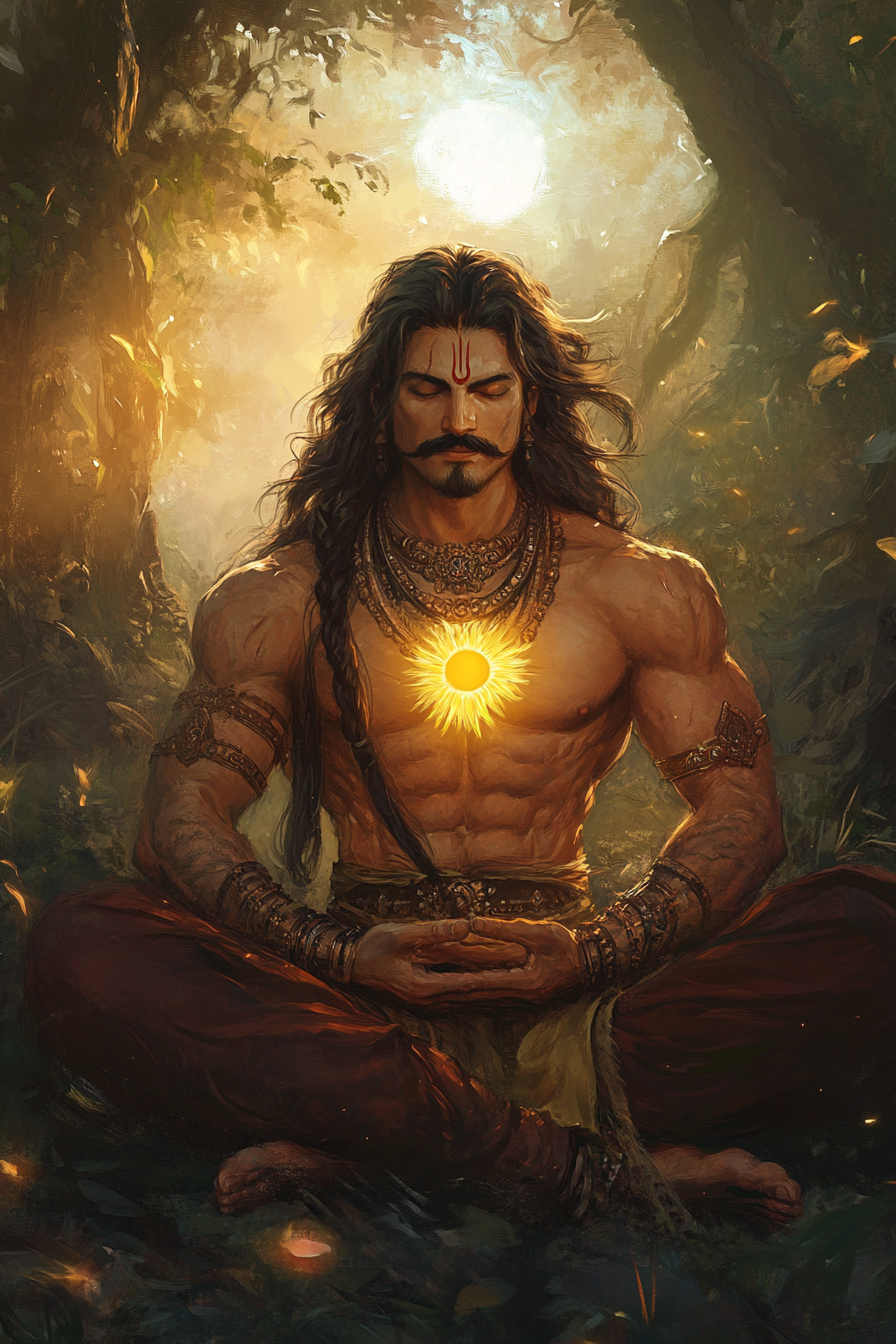 Surya putra Karna meditating in jungle with glowing sun.