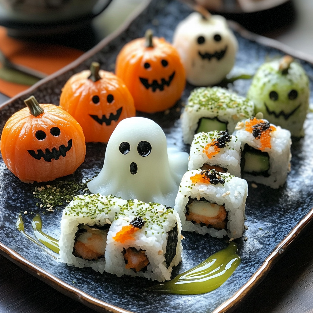 Sushi platter with spooky Halloween shapes and wasabi slime