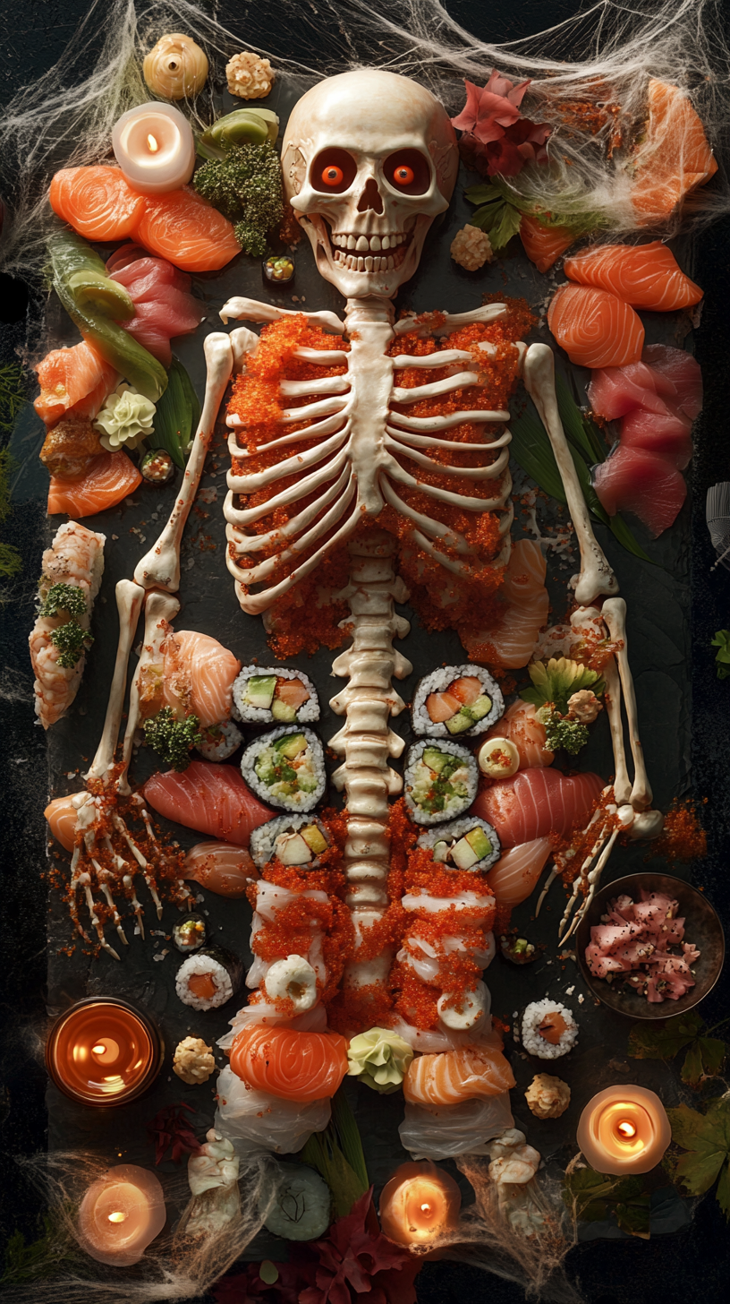 Sushi skeleton on haunted table, spooky and delicious.