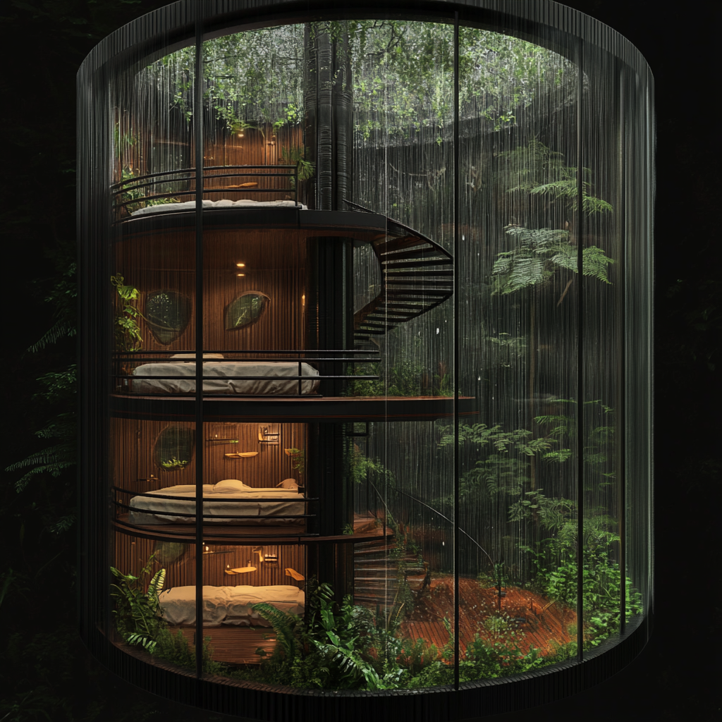 Sustainable cabin in rain forest, with garden and beds.