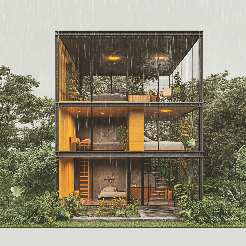 Sustainable cabin in rainforest with exterior garden, bunk beds.