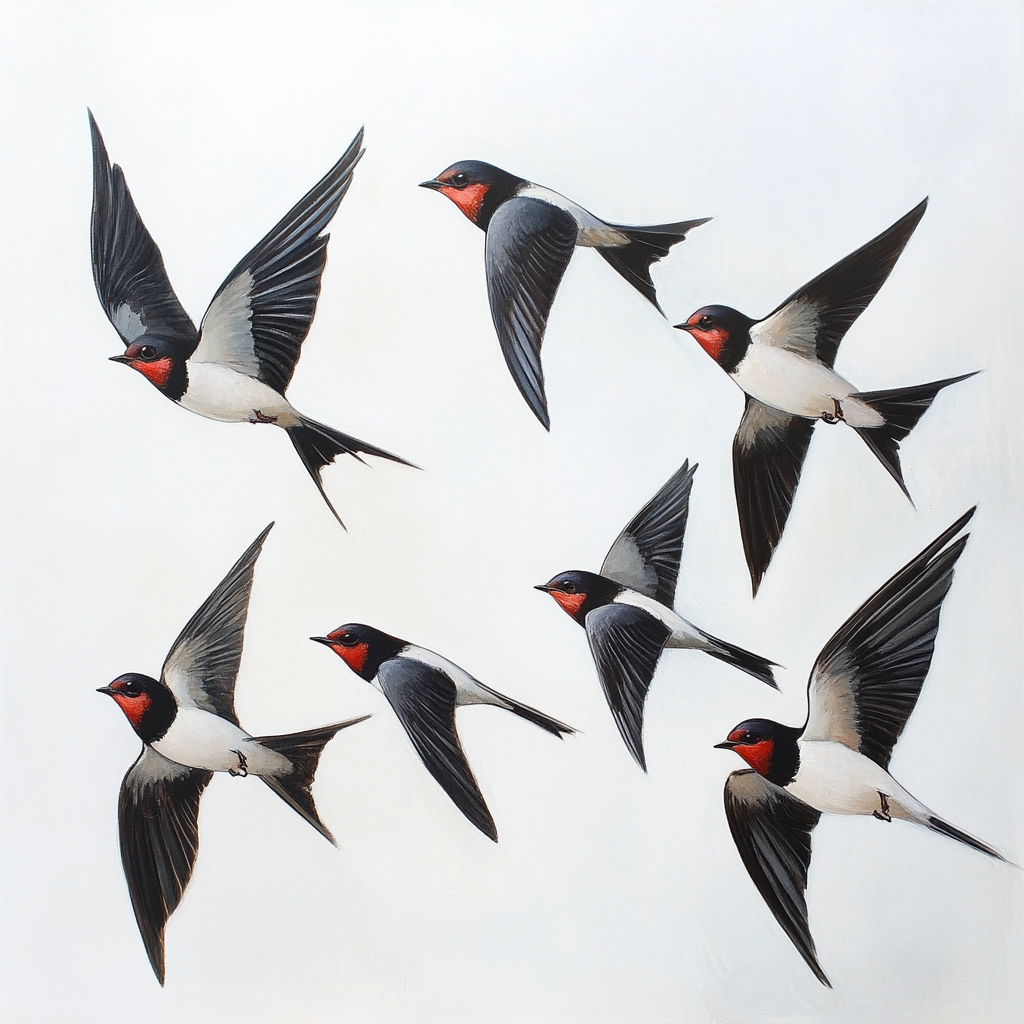 Swallow birds fly together in oil painting.