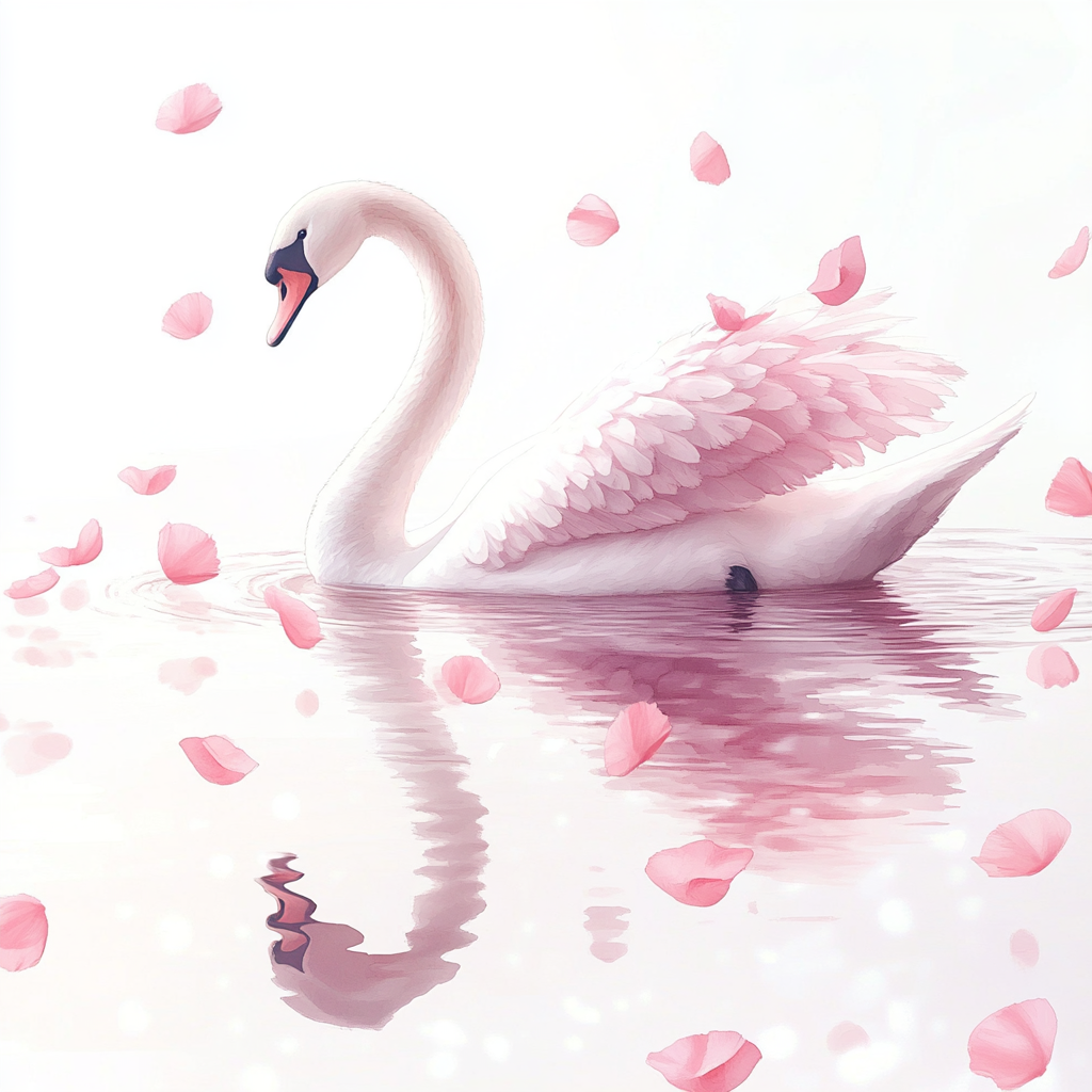 Swan floating with pink petals in watercolor art