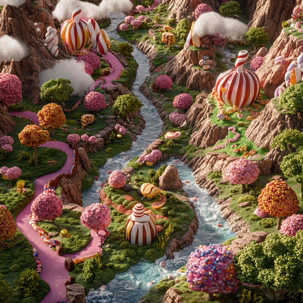 Sweet Candyland Landscape: Chocolate Rivers, Lollipop Trees