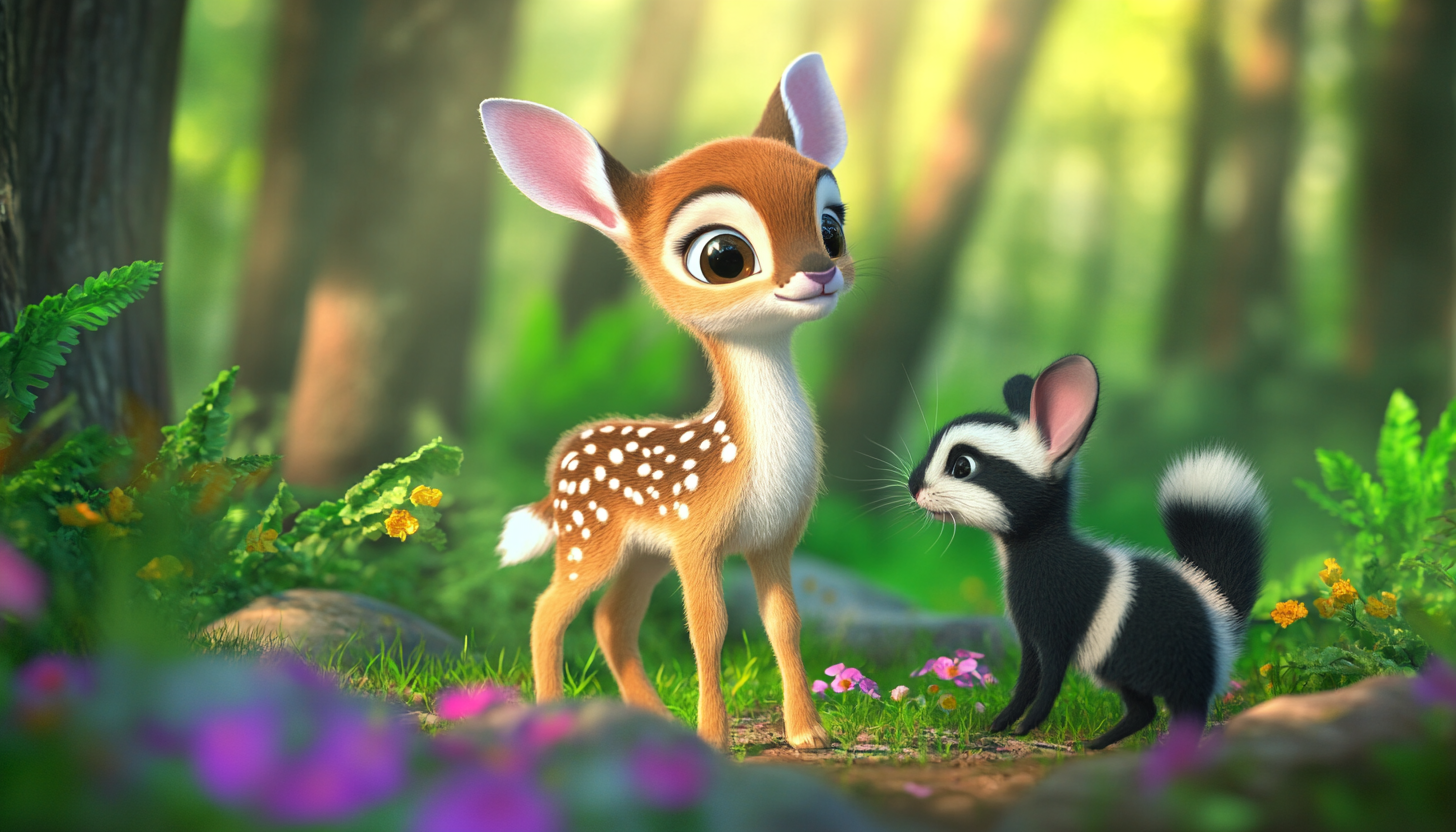 Sweet Fawn Meets Rabbit and Skunk in Forest