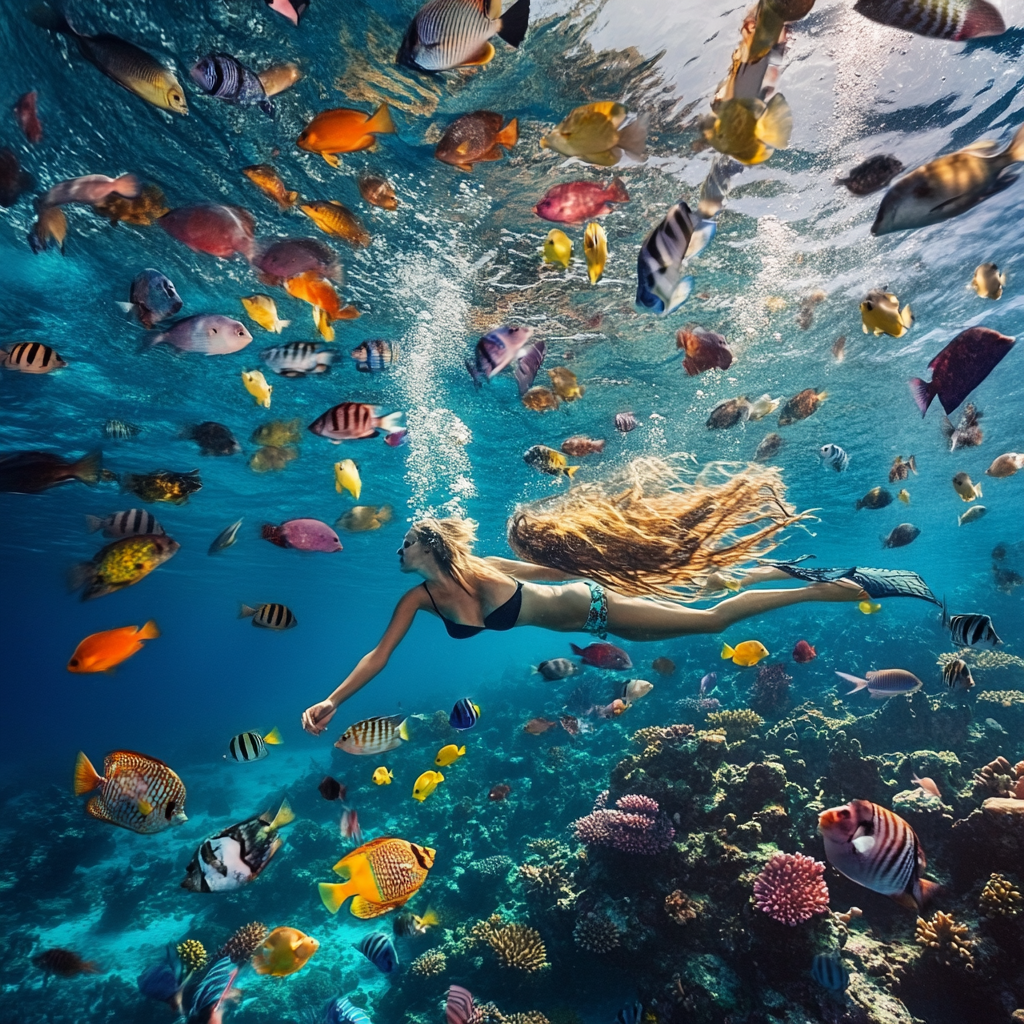 Swimming Woman with Colorful Fish in Caribbean Ocean