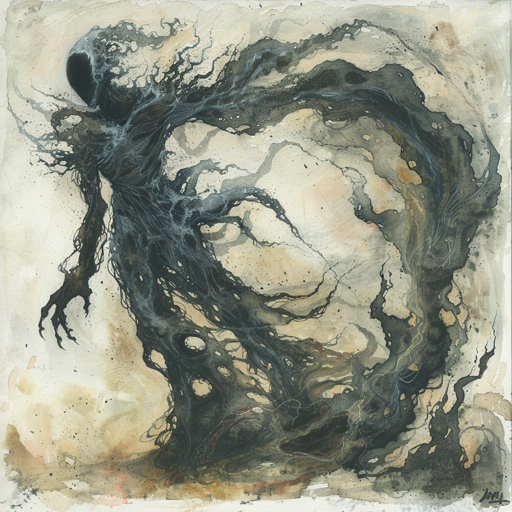 Swirling Vacuum Elemental with mist-like limbs in watercolor style.