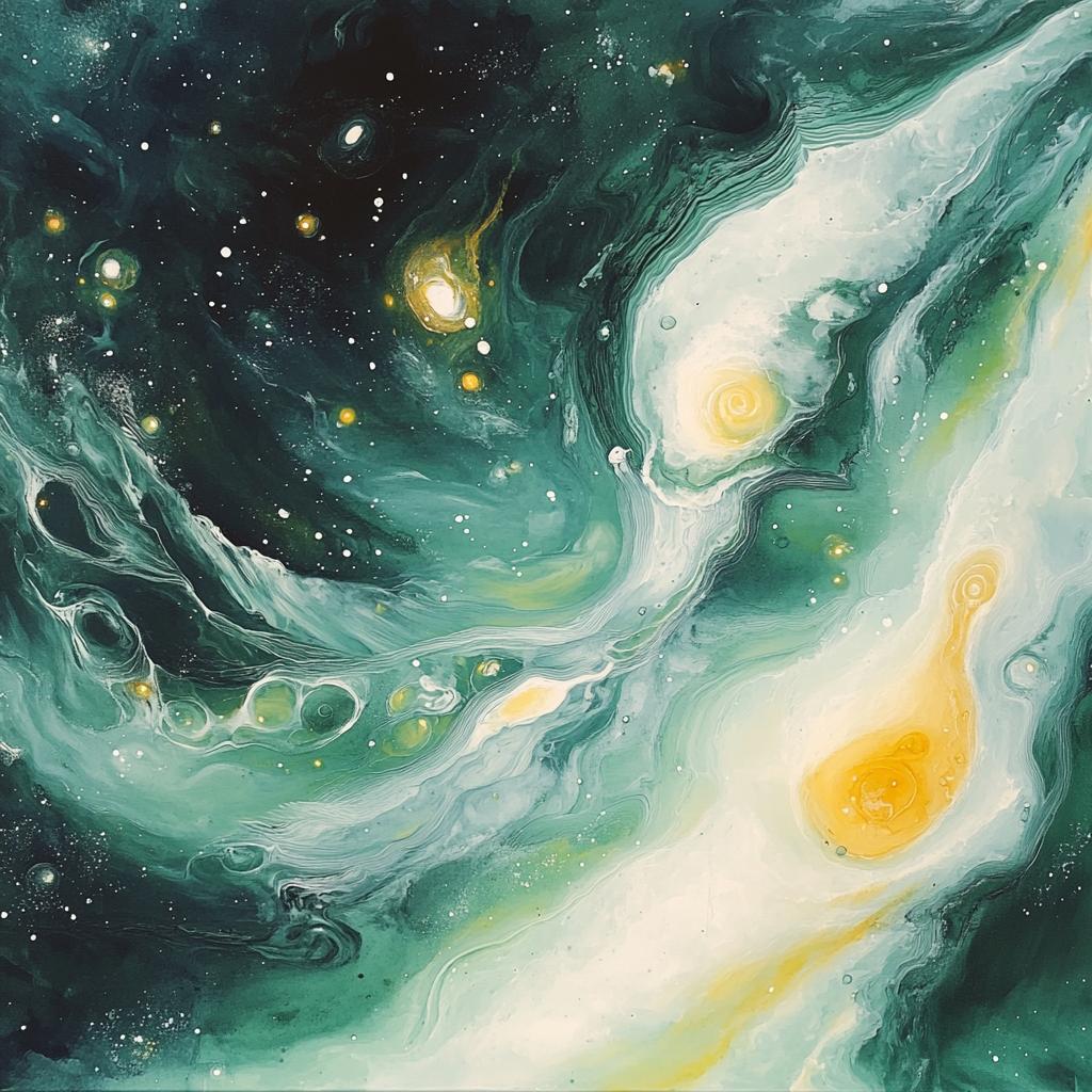 Swirling galaxies in white, green, and yellow hues dance.