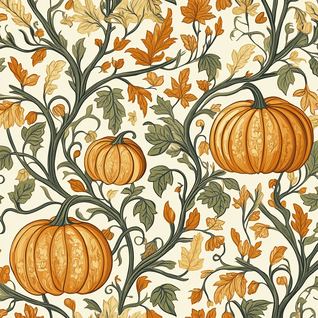 Swirling golden leaves and orange pumpkins in repeating tile.