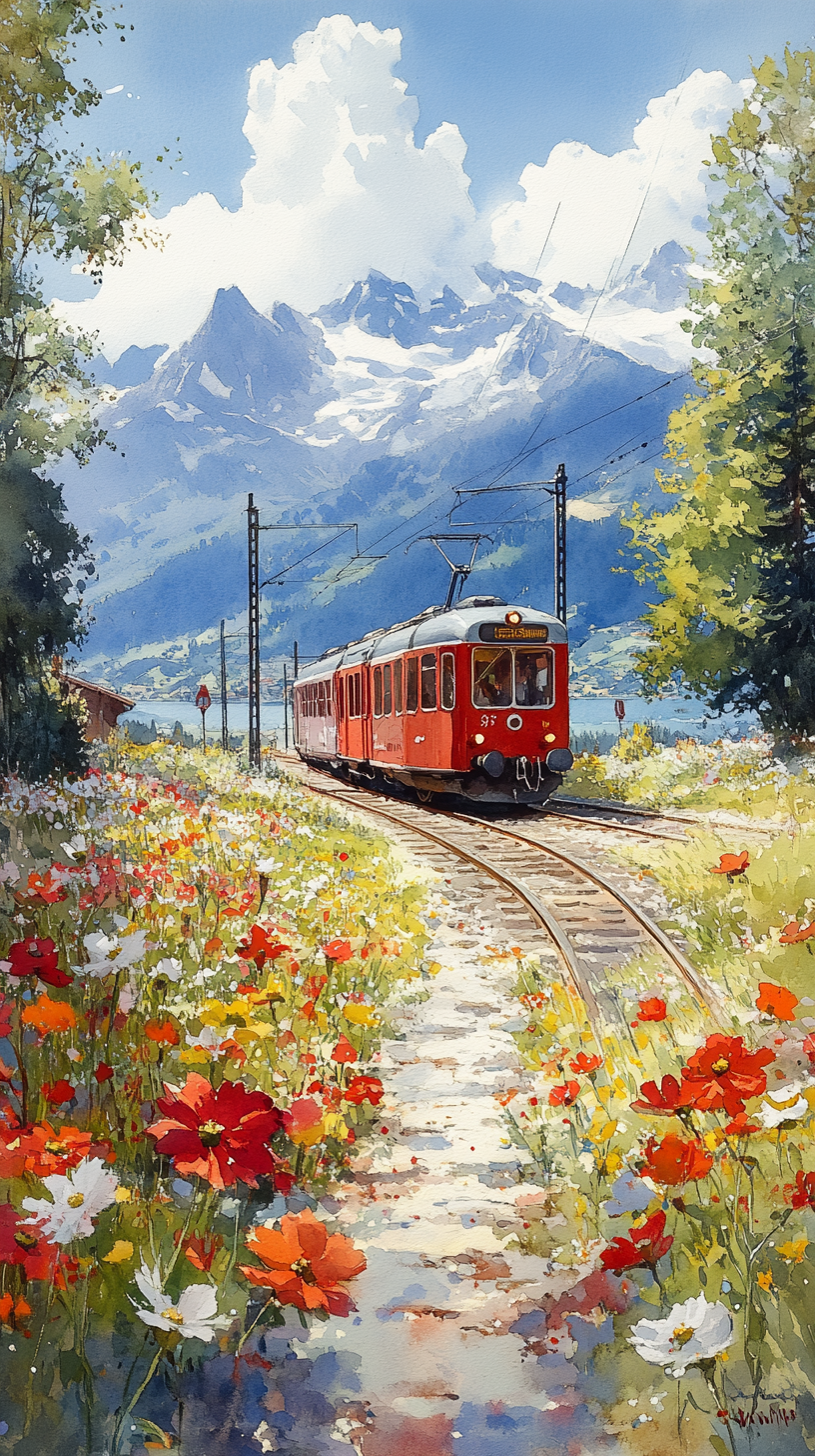 Swiss small train painting in bright colors, spring atmosphere.