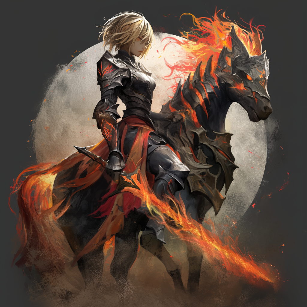 Sword-wielding hellborn demon girl on nightmare horse.