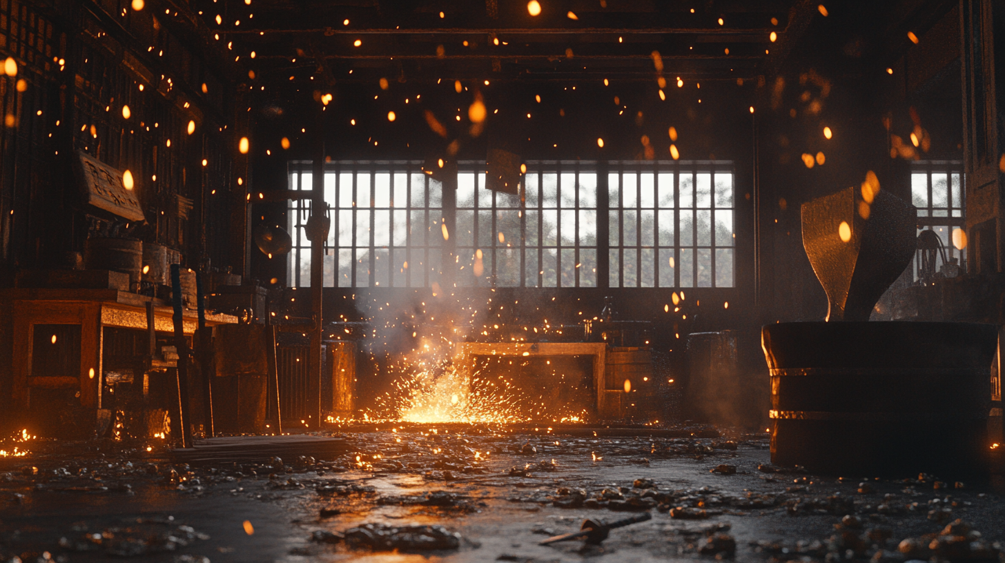 Swordsmith workshop in Japanese mountains. Hot air, sparks fly.