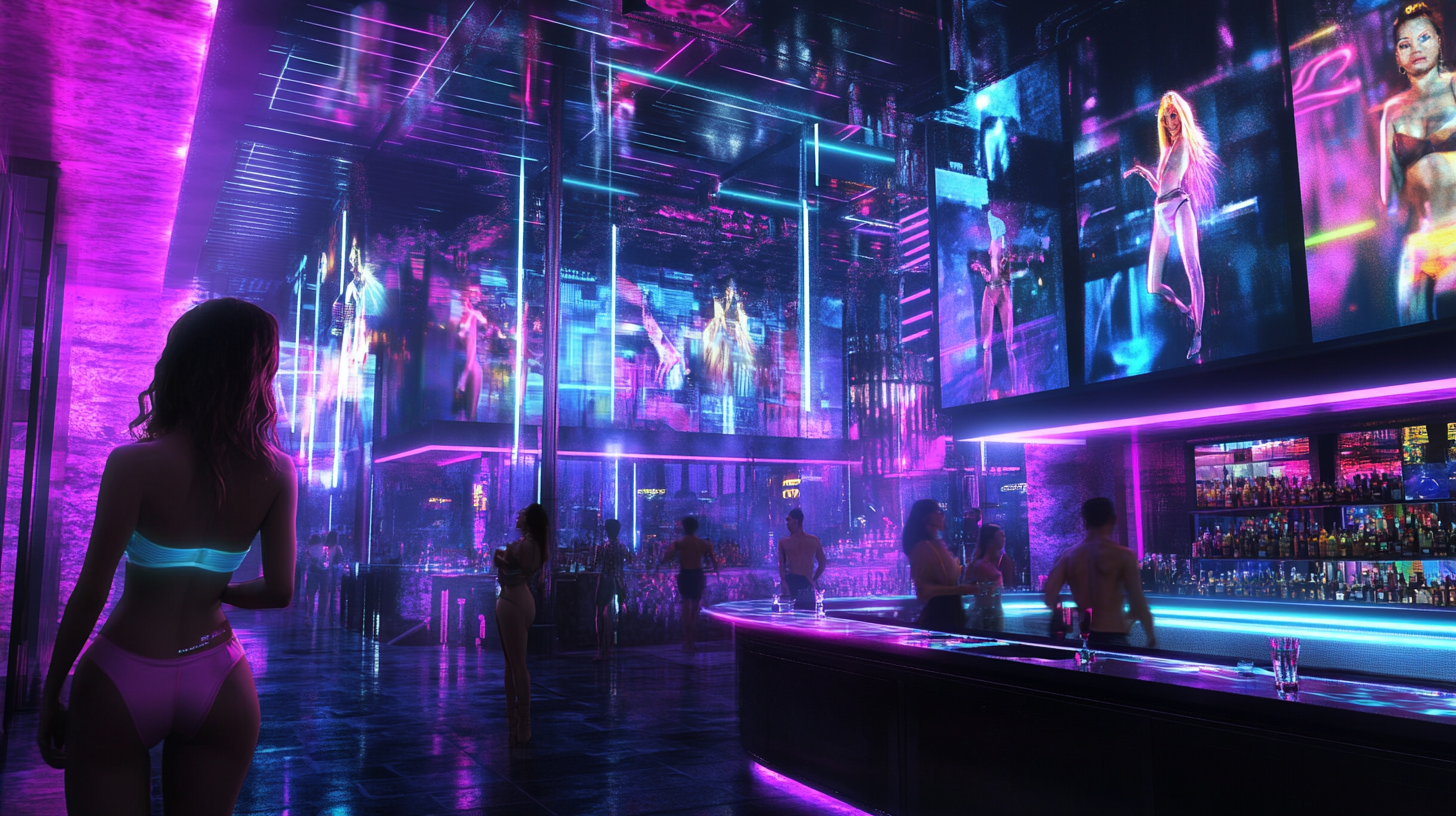 Syd Mead realistic rendering of neon club outfits.