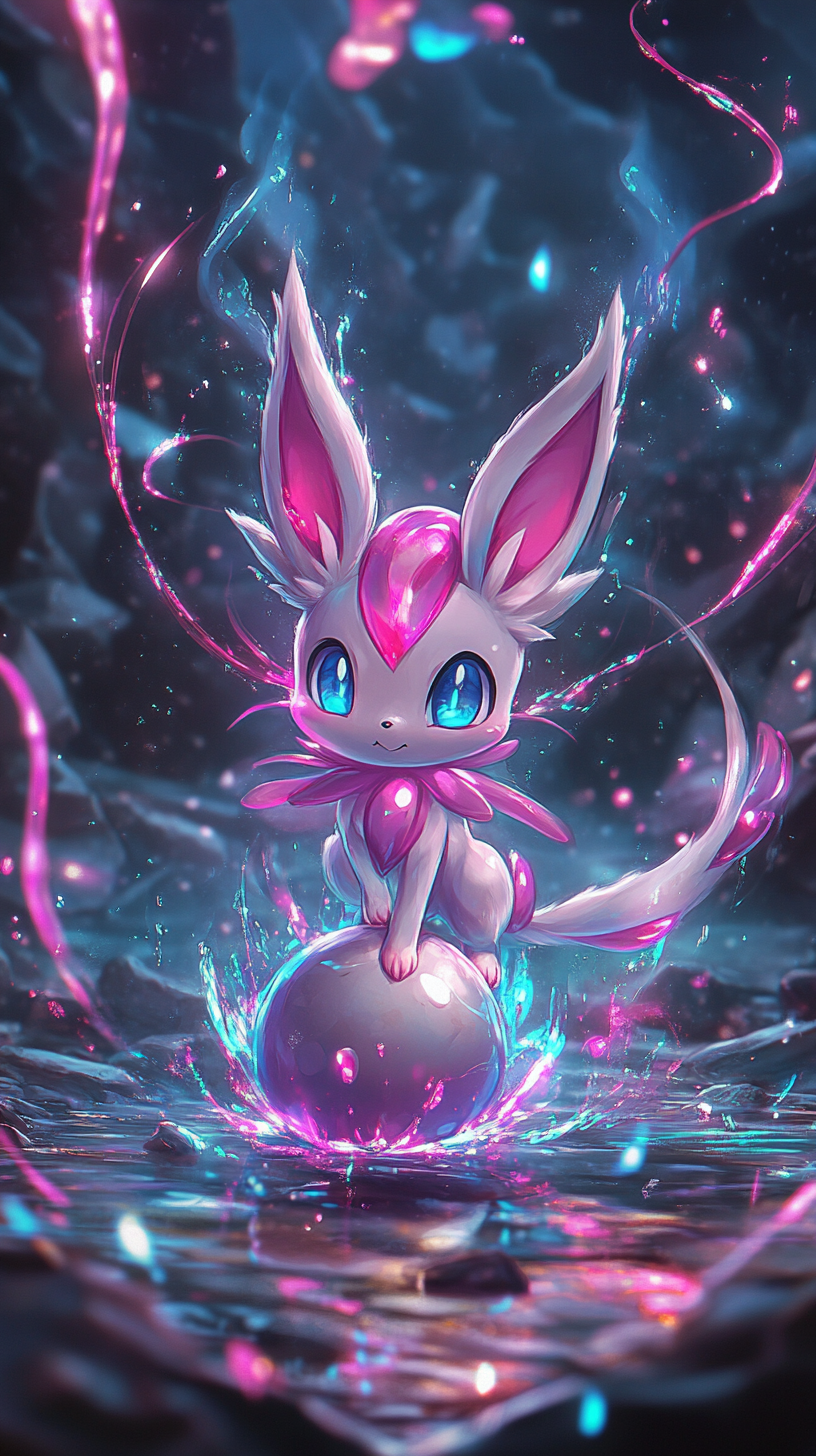 Sylveon hatching from egg, surrounded by magical ribbons.