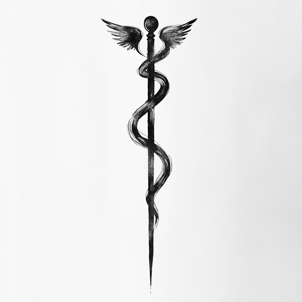 Symbolic Black Ink Painting: Caduceus of Balance