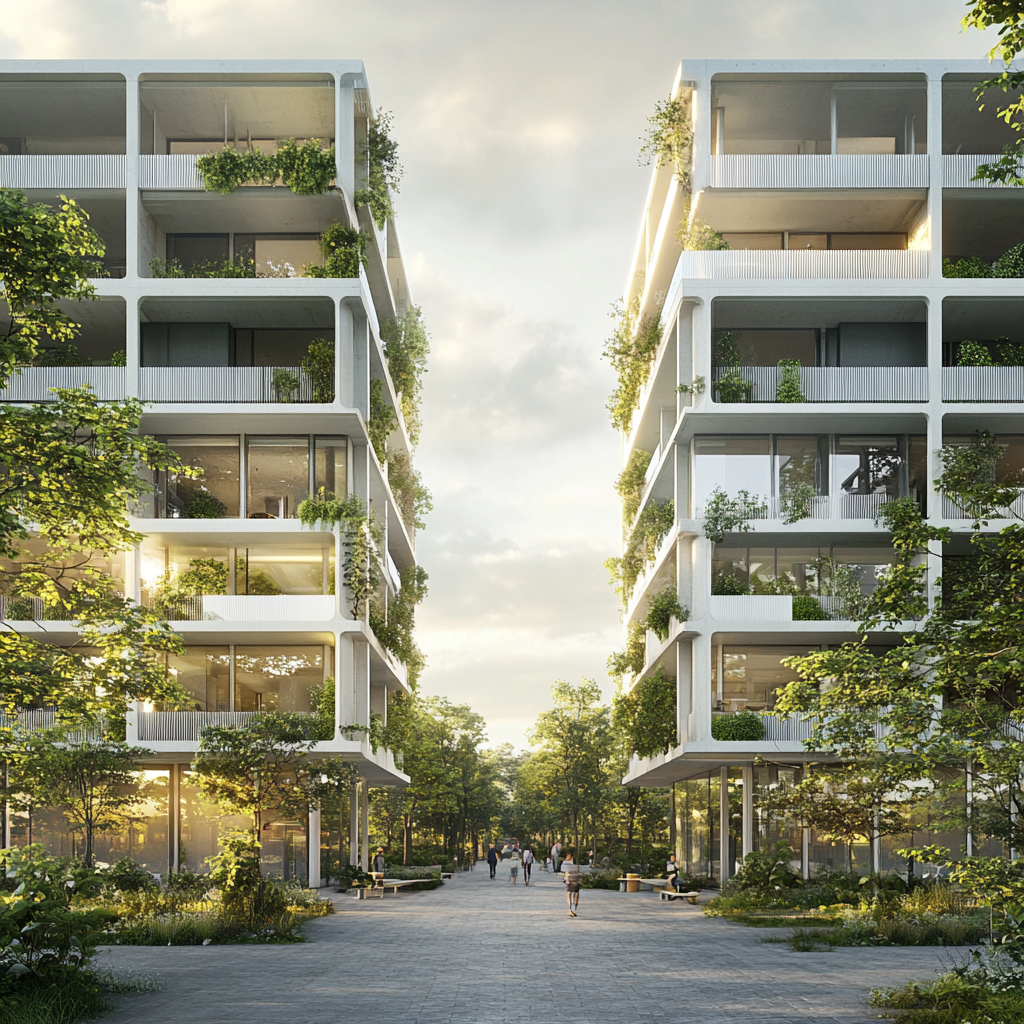 Symmetric modern buildings with balconies, lush green walkways.