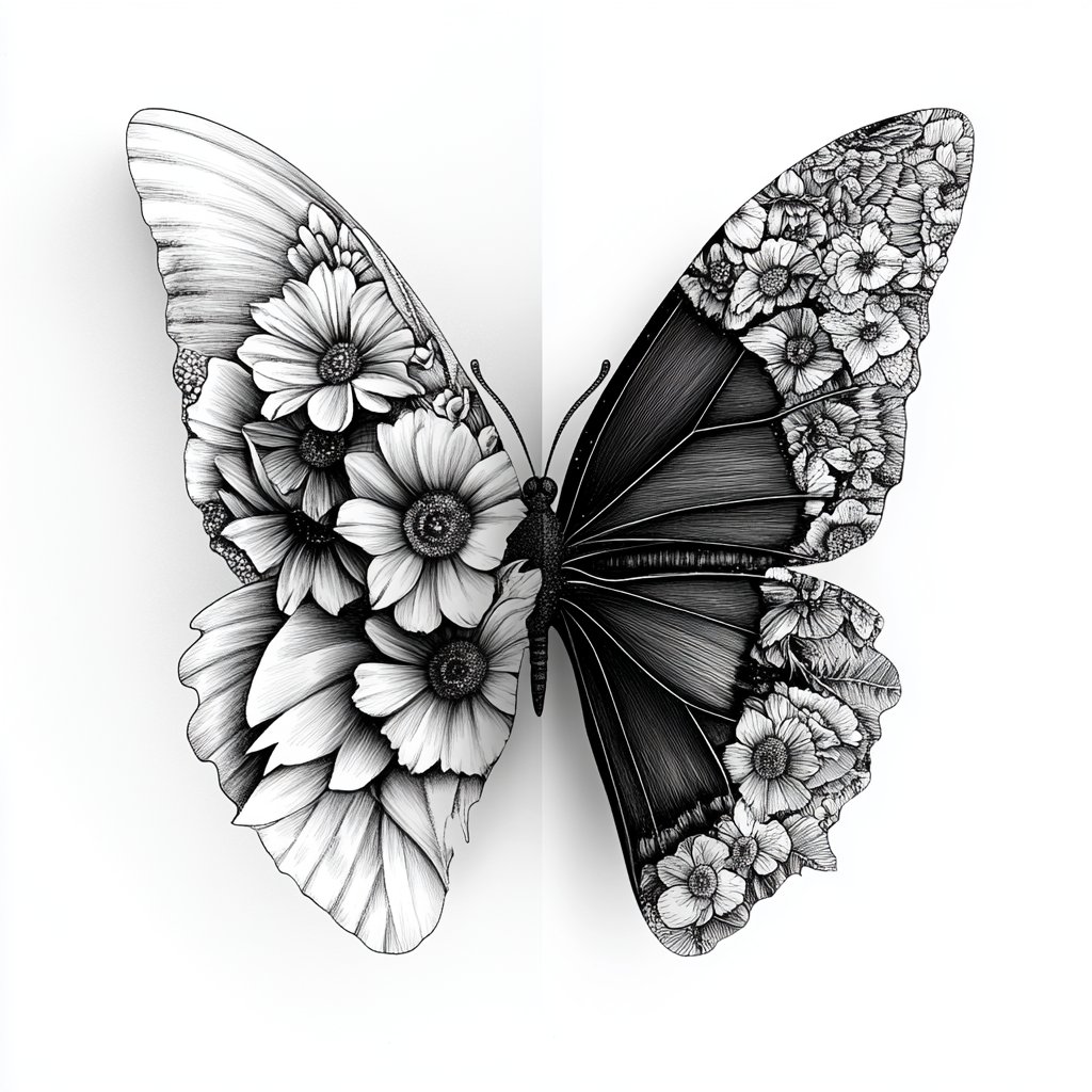 Symmetrical Black-and-White Butterfly Wing with Floral Transformation