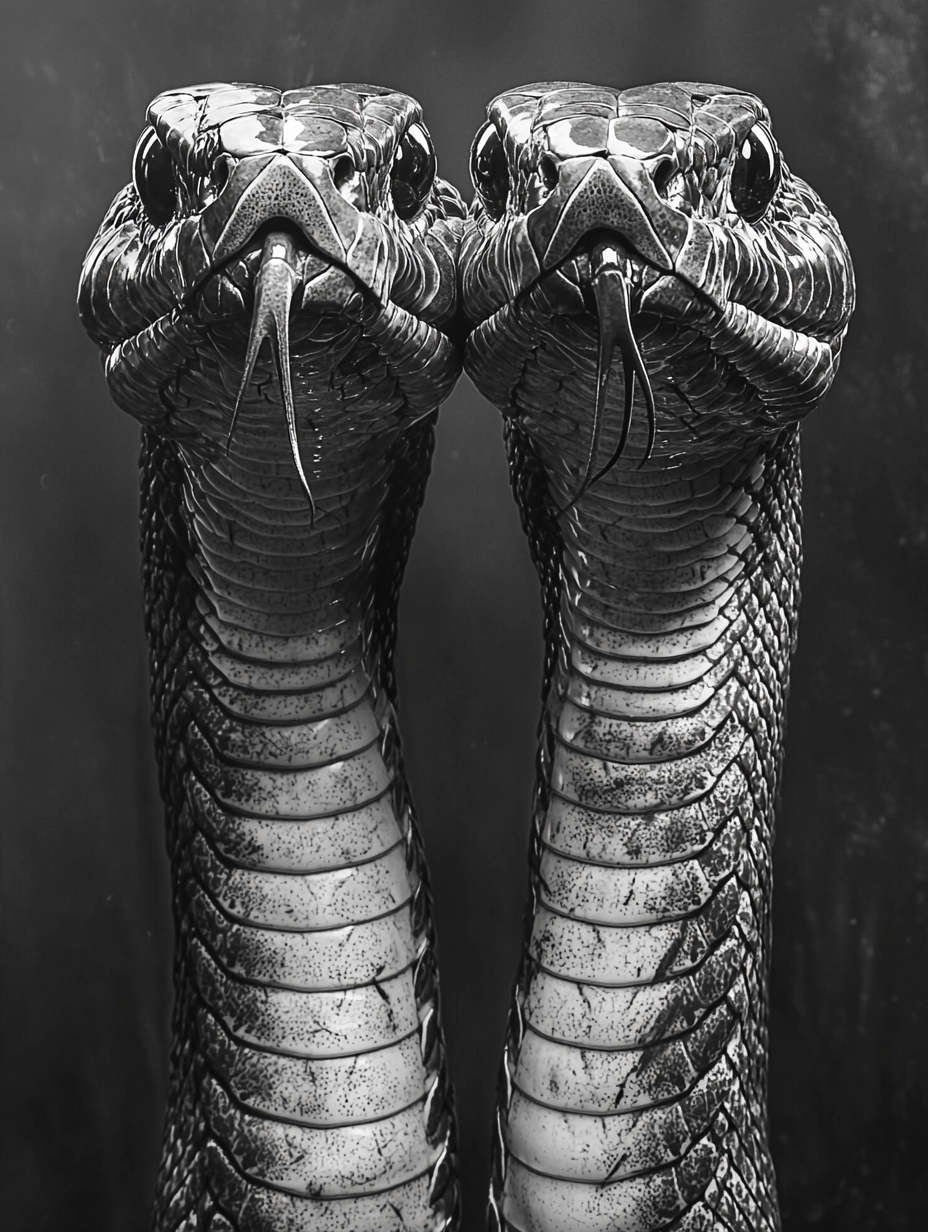 Symmetrical Two-Headed Cobra Photography in Black and White