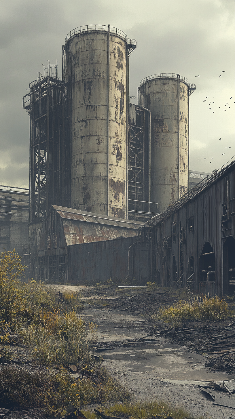 Symmetrical industrial complex in dystopian setting with overgrown vegetation.