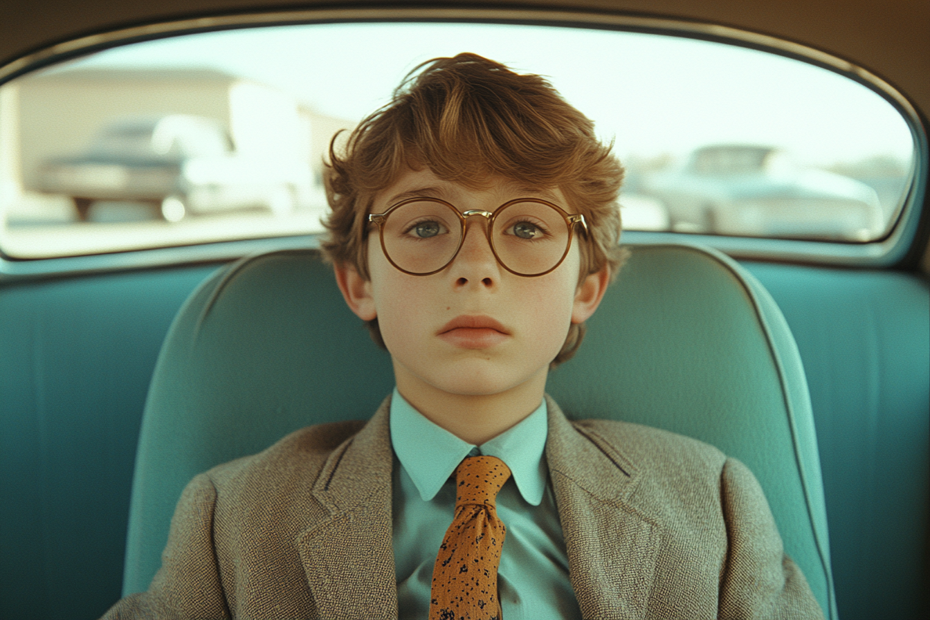 Symmetrical shot of nerdy boy in car, Wes Anderson.