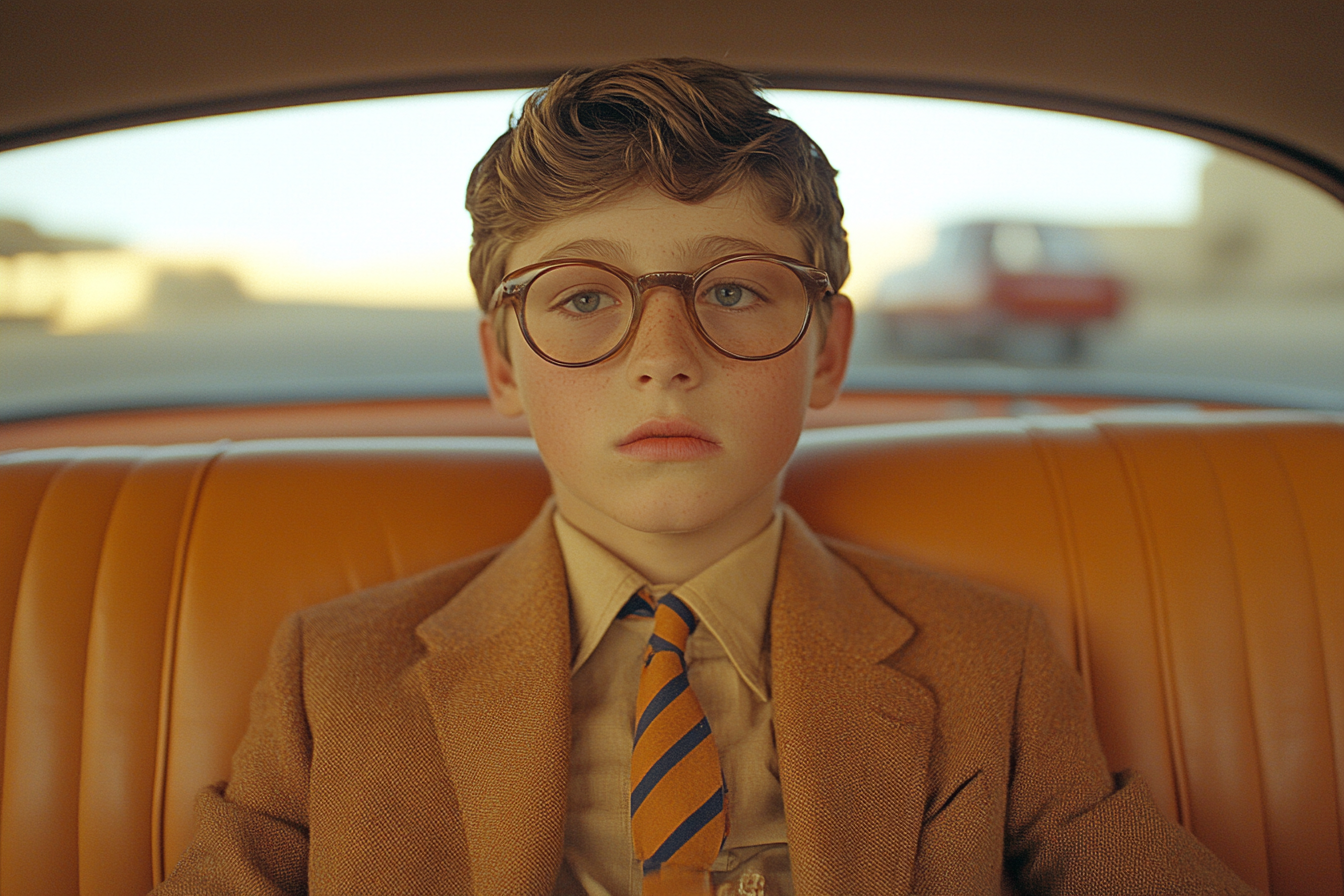 Symmetrical shot of nerdy teen in back of car.