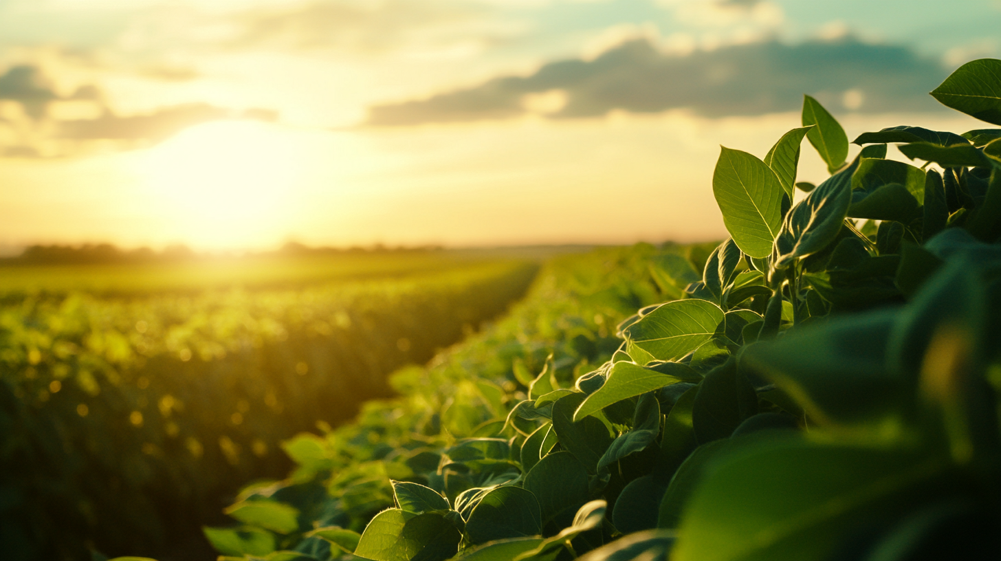 Symmetrical soybean plantation stretching to horizon, cinematic finish.